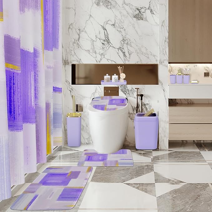 XLHOMO Bathroom Set - Purple and Gold Bathroom Accessories Set, Bathroom Sets with Shower Curtain and Rugs, Purple Shower Curtain Set with Bathroom Trash Can, Soap Dispenser, Soap Dish for Home Decor