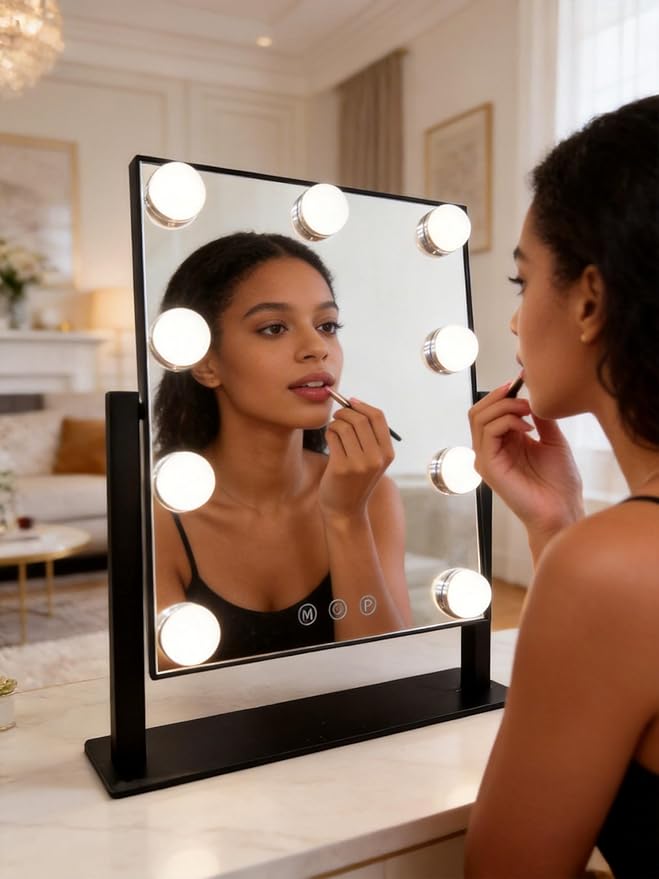 Makeup Vanity Mirror with Lights LED Makeup Mirror Detachable 10X Magnification, Hollywood Make Up Mirror with Lighting, Smart Touch, Rechargeable,360° Rotation, Black 13.77"x 11.81"
