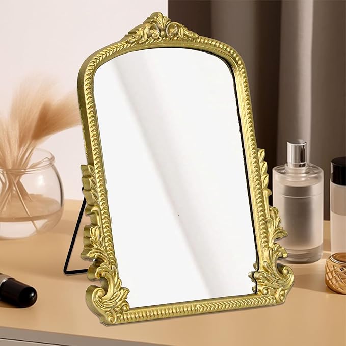 HSDDHOME Champagne Gold Vintage Vanity Mirror,Small Decorative Table Top Mirror,Baroque Arched Makeup Desk Mirror Wood Frame Free Standing,for Dresser,Bedroom,Living-Room Countertop 11.8" x 9.6"