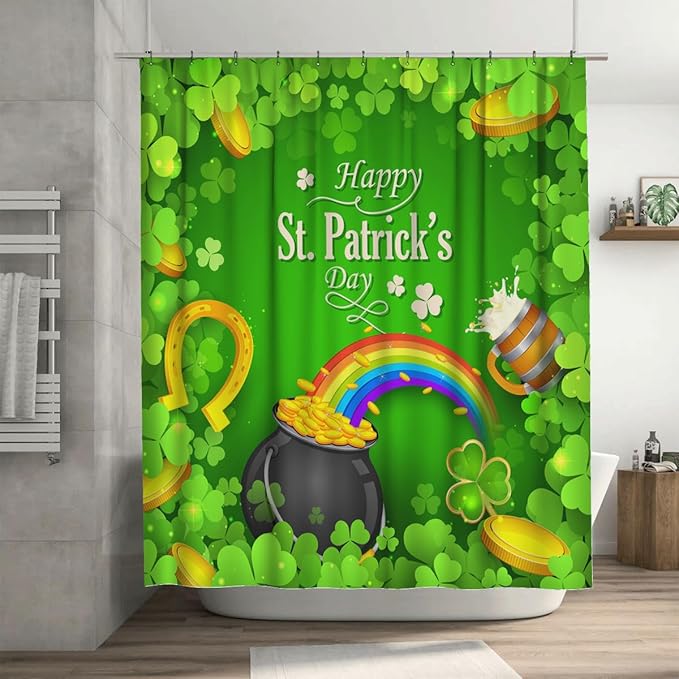 Ansouyi 4Pcs Bathroom Shower Curtain Sets with Non-Slip Rugs, Toilet Lid Cover and Bath Mat, St Patricks Day with Clover Leaf Rainbow Durable Waterproof Shower Curtain for Bathroom Set, 72x72 Inch