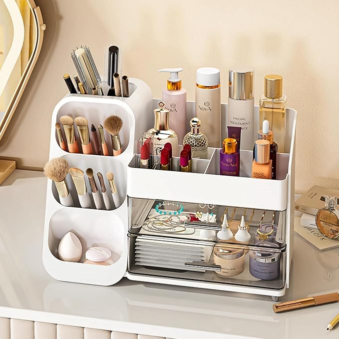 Makeup Organizer for Vanity, Large Capacity Cosmetic Display Case with Clear Acrylic Drawer, Countertop Beauty Storage Holder for Skincare, Brush Eyeshadow Lipstick Counter Desk, Crystal White