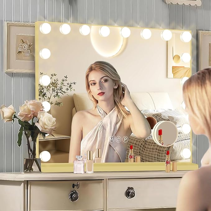 Ratsamee Gold Hollywood Vanity Mirror with Lights, 18 Dimmable Bulbs, 3 Color Lights,Make Up Lighted Mirror, Aluminum Metal Frame, USB Charging Port(32" x 24")