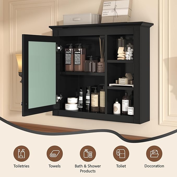 Merax Bathroom Medicine Cabinet with Mirror, 30" x 28" Wall Mounted Medicine Cabinet with Single Door and Shelves, Over The Toilet Mirrored Bathroom Storage Wall Cabinet