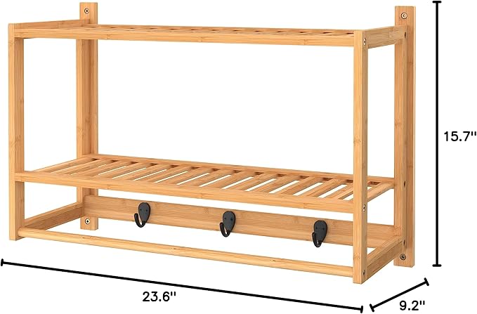 ClosetMaid Bamboo Wall Shelf with Towel Bar, 3 Hooks, Wall Mount Storage Shelves, 2 Tier, Organizer Rack, Natural Finish