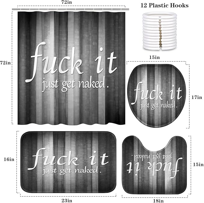 ArtSocket 4PC Funny Get Naked Grey Striped Vintage Abstract Shower Curtain Sets Bathroom Decor with Rugs, Non-Slip Rug,Toilet Lid Cover, Bath Mat and 12 Hooks 72x72 inches