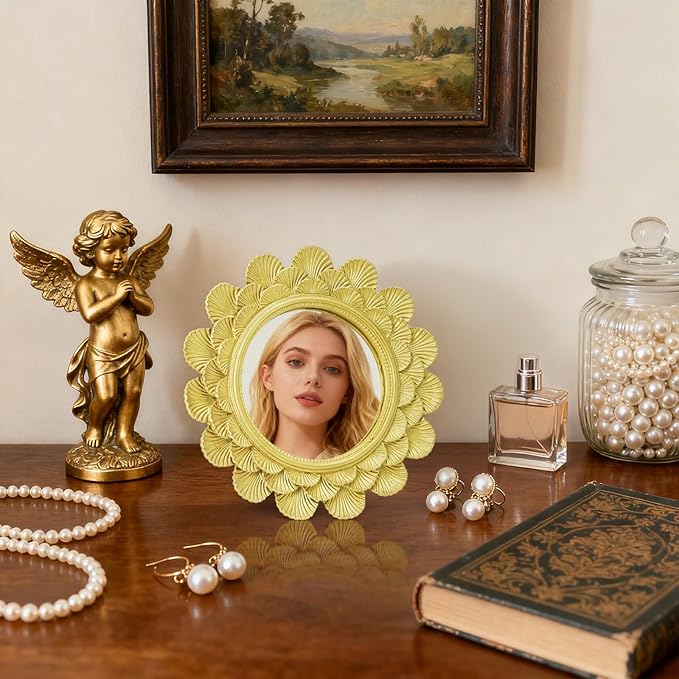 Eorbow 6.5" Vintage Vanity Makeup Desk Mirror, Small Gold Round Mirror for Table, Antique Scallop Edged Wall Mirror Decorative for Living Room Bedroom Dressing Tabletop
