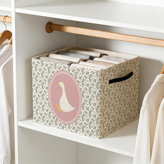 Pink Goose Nursery Storage Bin Box with Handles, Cottagecore Cute Goose Flower Foldable Baskets Organizer for Kids Girls Room Nursery Bathroom Clothes Toys Books, Toybox for Girls