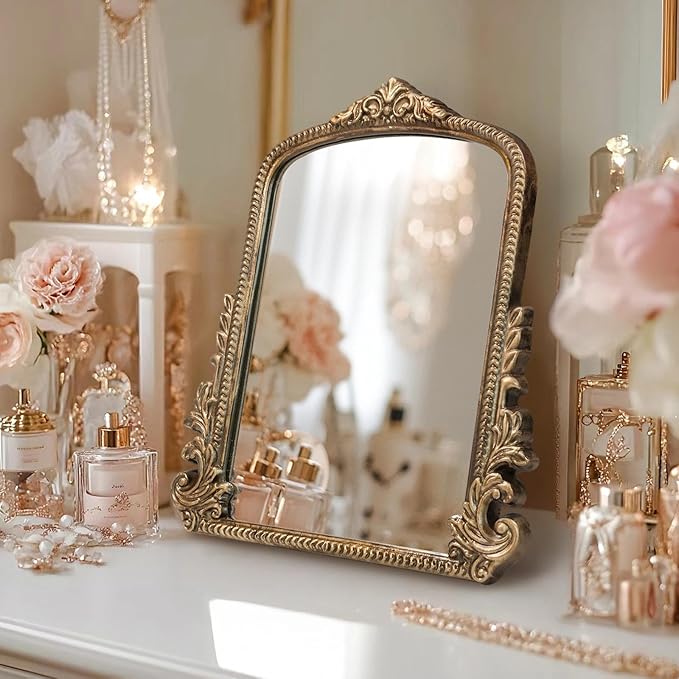 Vintage Gold Makeup Desk Mirror, Antique Traditional Vanity Table Mirror, Small Carved Arched Standing Mirrors, Adjustable Dress-up Mirrors for Tabletop, Standing or Hang, 11.8" L x 9.6" W