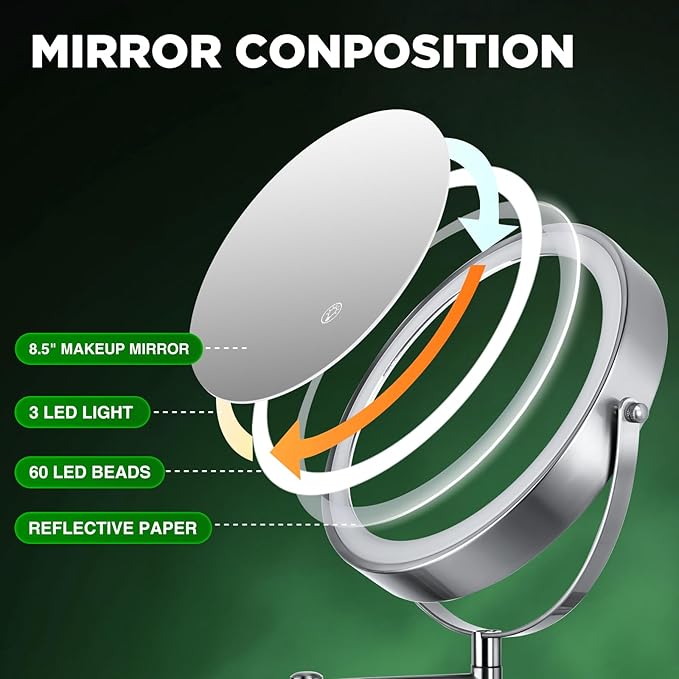 30X Wall Mounted Makeup Mirror, 3 Color Modes & Adjustable Light, Bathroom Vanity Makeup Mirror with 360 Rotation Extendable Swivel Arm,Double Side Magnifying Mirror - Chrome
