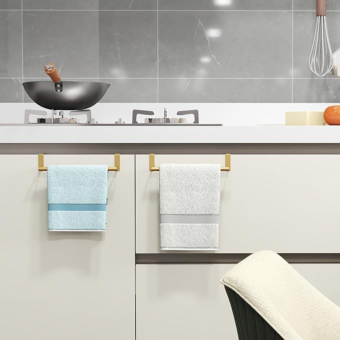 STWWO Over The Door Towel Rack, Kitchen Towel Holder Over Cabinet Door Towel Bar Stainless Steel for Cupboard for Kitchen Dish Towel Holder Hanger, 2 Pack (Gold)