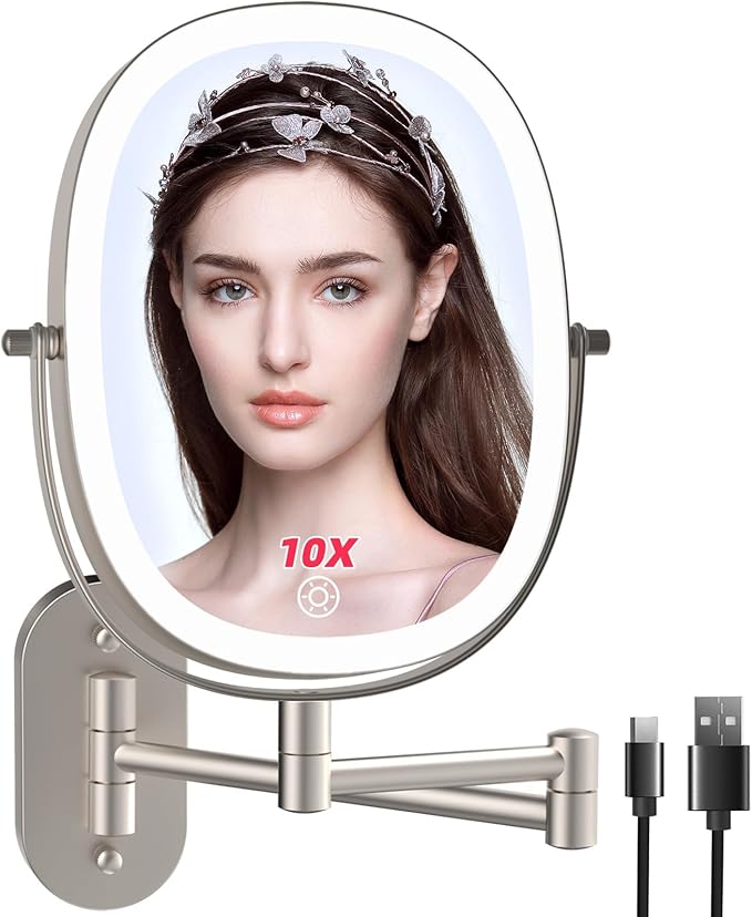 FUNTOUCH Rechargeable Wall Mounted Lighted Makeup Mirror, Oval Double-Sided Mirror 1X/10X Magnifying Mirror,3 Color Lights Touch Screen Dimmable 360°Swivel 13 Inch Extendable,Nickel
