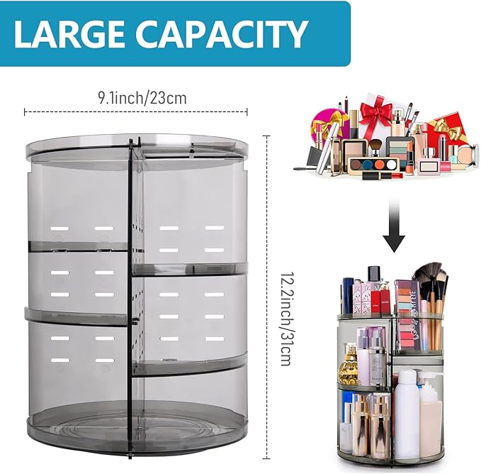sanipoe 360 Rotating Makeup Organizer, Spinning Skincare Organizer,Cosmetic Display Case with Brush Holder Perfume Tray, Multi-Function Storage Carousel for Vanity Bathroom Countertop