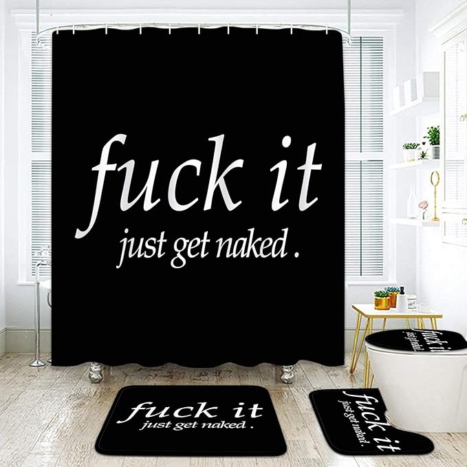 Britimes 4 Piece Shower Curtain Sets with 12 Hooks, Fuck It Just Get Naked with Non-Slip Rugs, Toilet Lid Cover and Bath Mat for Bathroom Decor Set 72" x 72"