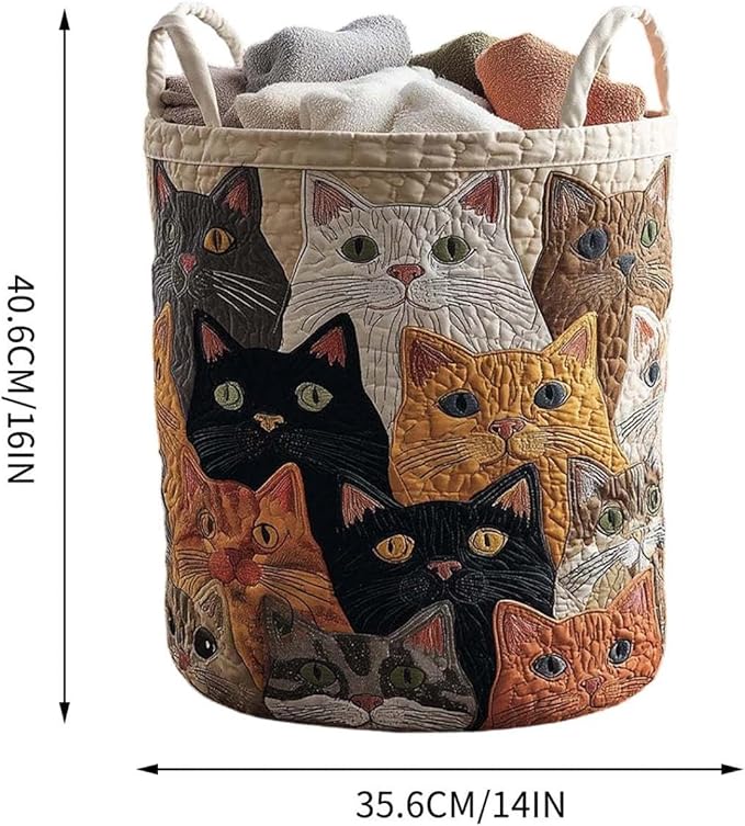 Cute Cat Quilted Laundry Basket with Handles, Boho Floral Fabric Quilted Laundry Basket, Large Soft Collapsible Storage Hamper for Nursery, Bedroom, Bathroom, Clothes & Toy Organization (#05)
