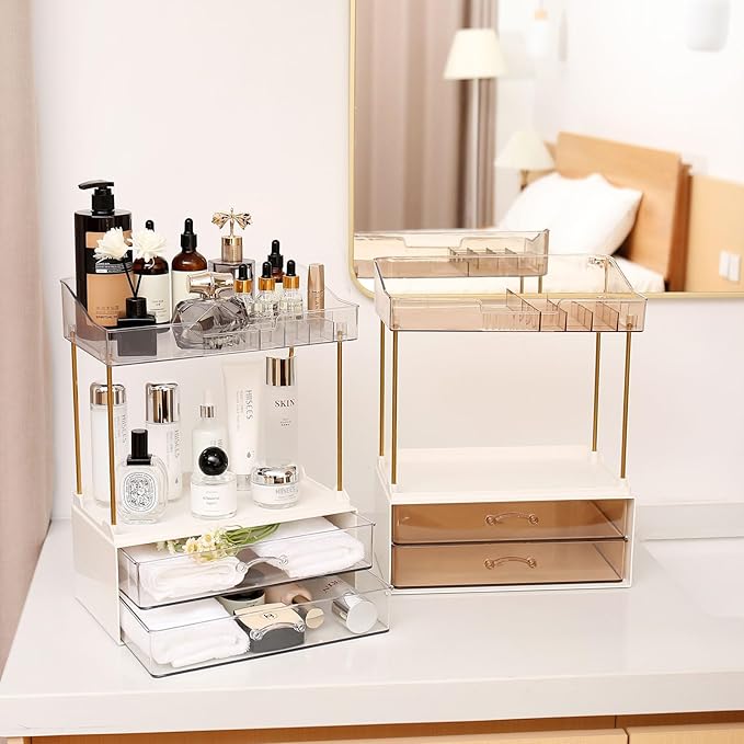Elegant 2-Tier 2-Drawer Bathroom Countertop Organizer, Multi-Purpose Makeup & Skincare Organizer, Champagne Gold