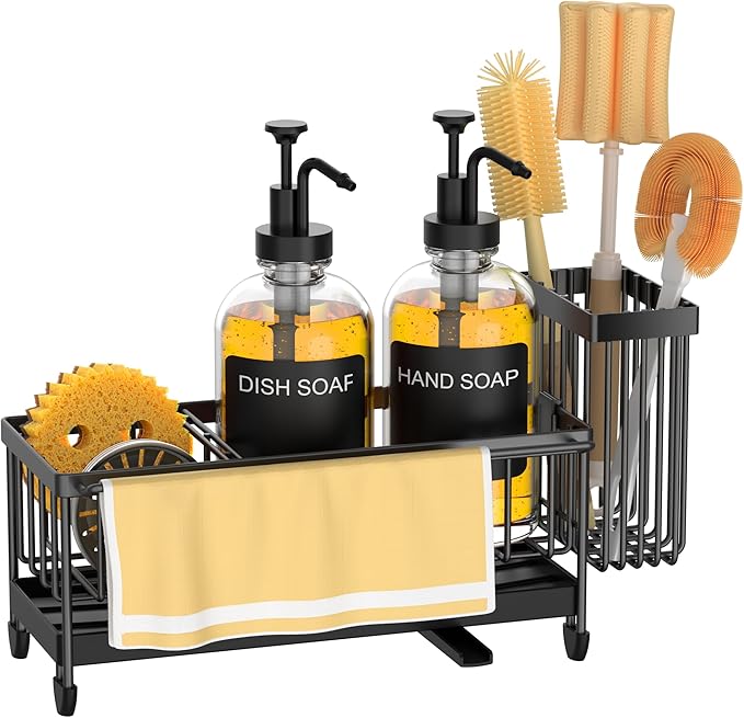 Kitchen Soap Dispenser Set with Sponge Holder and Towel Rack, 17OZ Glass Bottle, Hand and Dish Soap Dispenser Set, Non-Slip Silicone Pad, Brush Holder, Kitchen Sink Caddy Organizer Countertop