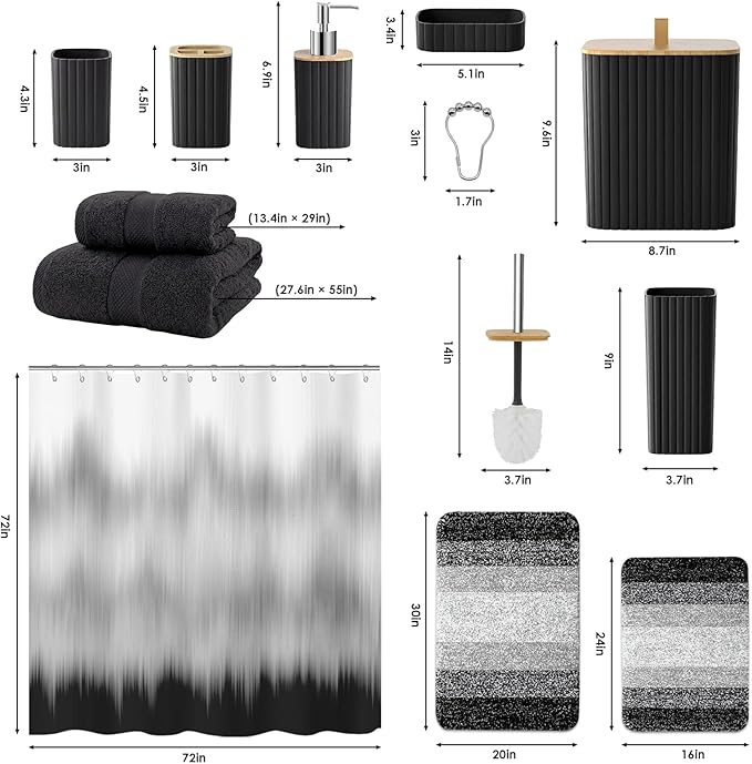 Bathroom Accessories Set - Bathroom Set with Shower Curtain and No Slip Rugs, Trash Can, Toilet Brush Holder Set, Soap Dispenser & Bath Towels - Stylish Bath Decor for Home, Apartment, Black, 25PCS