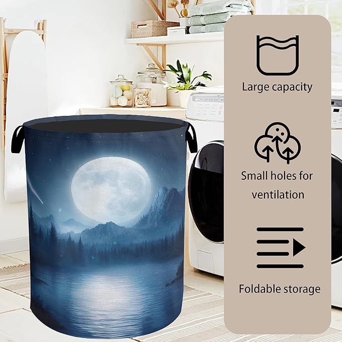 Full Moon Starry Sky Forest Laundry Basket - Heavy Duty 60L Dirty Clothes Organizer, Water Resistant Foldable Hamper for Men Women