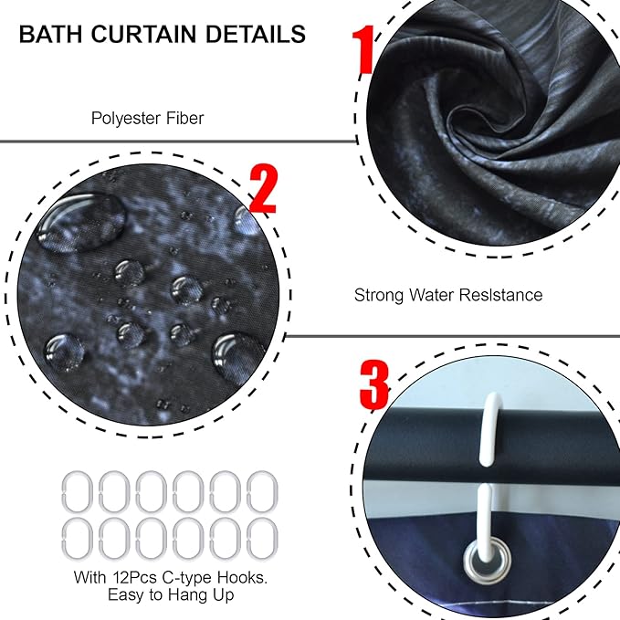 4Pcs Turquoise Shower Curtain Sets with Non-Slip Rugs, Toilet Lid Cover and Bath Mat, Black and Gray Bathroom Decor Set Accessories Fabric Waterproof Shower Curtains with 12 Hooks, 72 x 72 Inch