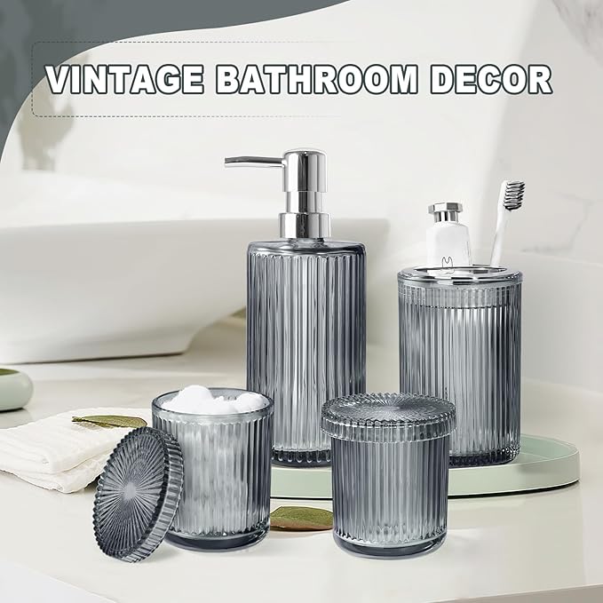 KASUNTING Gray Glass Bathroom Accessories 4 Pcs, Grey Bathroom Set, Soap Dispenser and Toothbrush Holder Set, Qtip Holder Set, Vintage Bathroom Sink Set, Modern Bathroom Decor