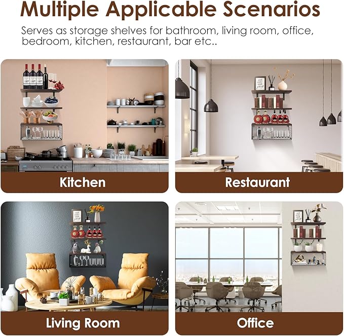 2 in 1 Floating Shelves with Storage Basket, Sturdy Paulownia Wood Wall Shelves for Bathroom Living Room