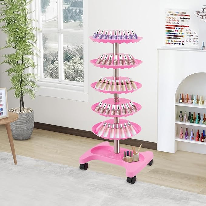 DYRABREST 5-Tier Nail Polish Trolley Organizer, 360° Rotating Nail Polish Display Stand with Wheels, Adjustable Shelves, White Modern Rolling Cart for Nail Salons and Home Use (pink)