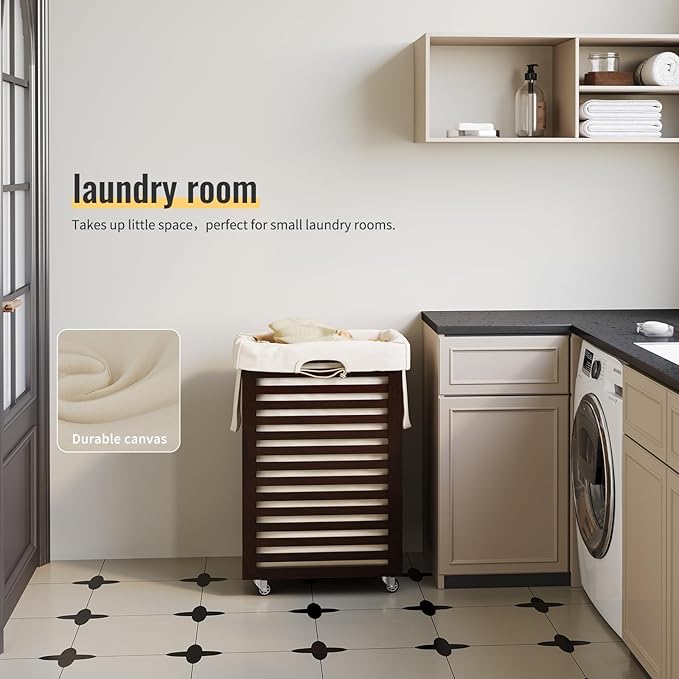 Laundry Hamper with Wheels,Rolling Laundry Basket with Removable Bag,Bamboo Clothes Hampers with Handles for Clothing, Bathroom, Bedroom, Laundry Room (Brown)