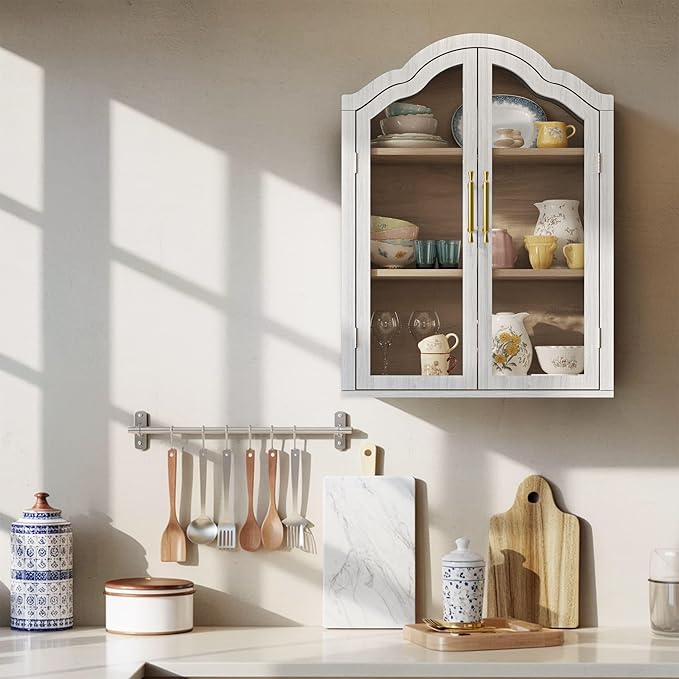 Furnaza White Arched Wall Mounted Cabinet, Display Medicine Cabinets with Tempered Glass Doors and Adjustable Shelf for Bathroom,Kitchen,Living Room