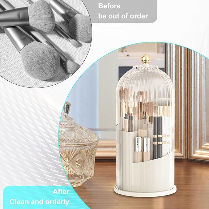 Qivine Makeup Brush Holder with Lid, 360° Rotating Brush Holder with Lid for Countertop, Cosmetics Makeup Brush Organizer with Lid for Bedroom, Dustproof Makeup Brush Holder for Vanity (White)