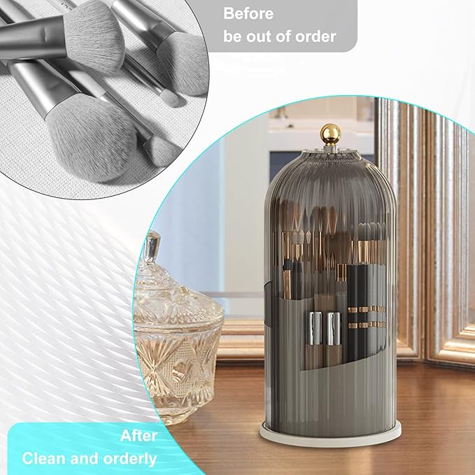 Qivine Makeup Brush Organizer, Cosmetics Make Up Brush Holder Organizer with Acrylic Lid, 360° Rotating Makeup Organizer for Vanity Countertop, Bathroom Make Up Organizers for Counter