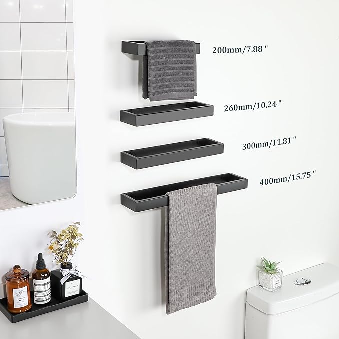 Sayayo Matte Black Towel Bar for Bathroom, 12 Inch Hand Towel Holder Wall Mount, Screw or Self Adhesive Towel Ring Square SUS304 Stainless Steel, 3.2 Inch Wide