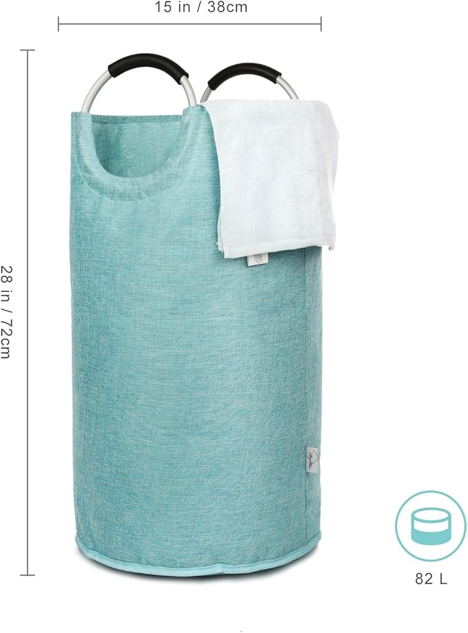 Laundry Hamper Bag, Tall Laundry Basket with Handles, Collapsible Colthes Hamper with Aluminum Handles, Heavy Duty Clothes Hamper for Girls, Dorm, Bedroom, Durable Double Layer. Light Blue