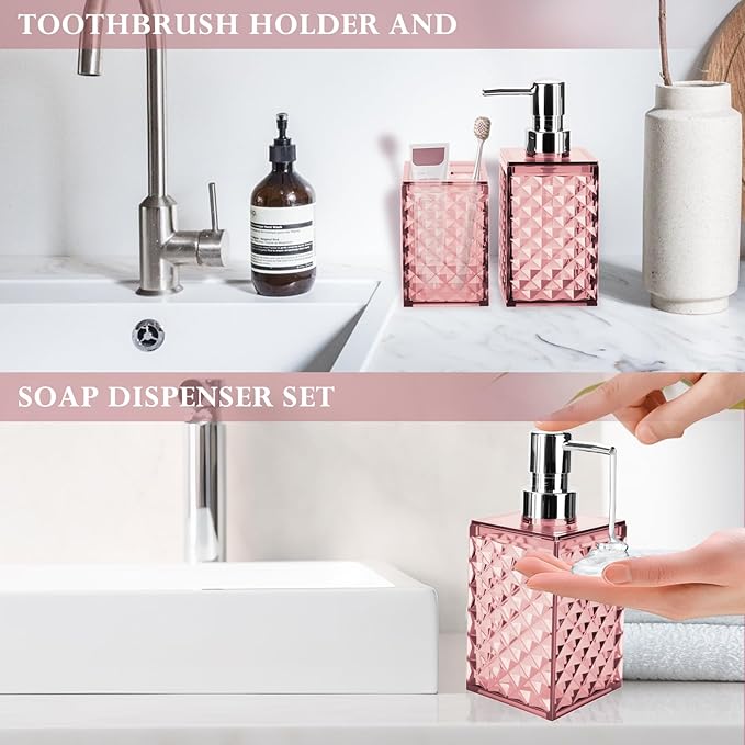 Bathroom Accessories Set 2 PCS, Pink Bathroom Accessories Include Soap Dispenser and Toothbrush Holder, Diamond Pattern Bathroom Set for Boho Bathroom Decor