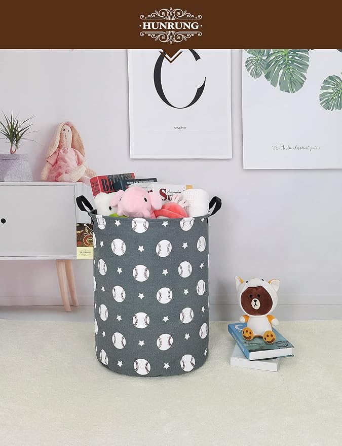 HUNRUNG Laundry Hamper,Large Canvas Fabric Lightweight Storage Basket Toy Organizer Dirty Clothes Collapsible Waterproof for College Dorms, Children Bedroom,Bathroom???Round-Grey Baseball???