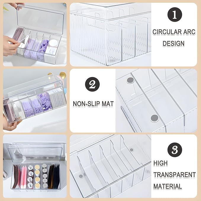 Lash Extension Organizer Box, Acrylic Eyelash Extension Supplies Storage Container Lash Cart Organizer for Lash Techs Eyelash Beauty Case with Lid Lashes Supplies Storage Box (Clear)