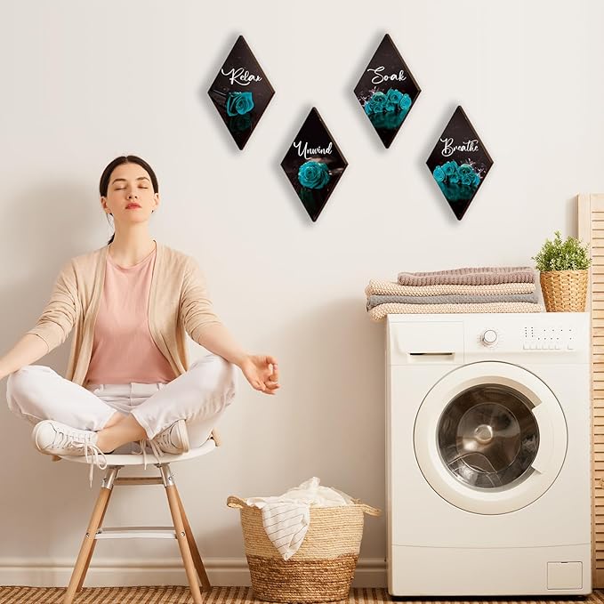 ONIZHITY Set of 4 Teal Bathroom Decor Rose Wooden Wall Decor Turquoise Bathroom Decor Romantic Farmhouse Teal Wall Decor Breathe Soak Unwind Relax Signs for Office Room Bedroom (teal 12 x 7)