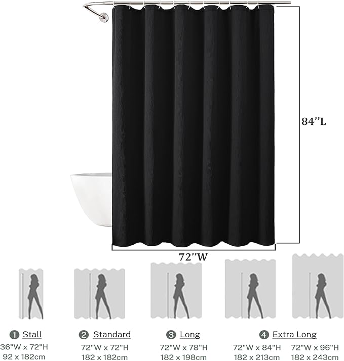 Aiyufeng Fabric Black Long Shower Curtain for Bathroom, 3D Textured Pattern Shower Curtain Hotel Spa Quality, Boho Bathroom Curtain Modern Style Soft Cloth Luxury, Machine Washable,72x84 Inches