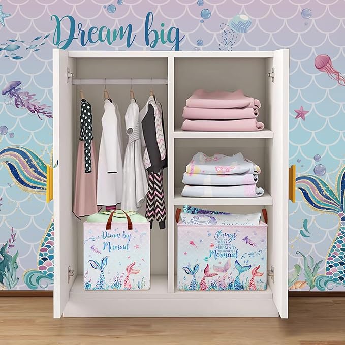 Mermaid Nursery Decor Hamper Pink Laundry Hamper Ocean Fish Animal Baby Girl Gift Basket ,Kids Storage Box Cute Beach Towel Pool Clothes Book Toy Bin,Boo Basket for Halloween