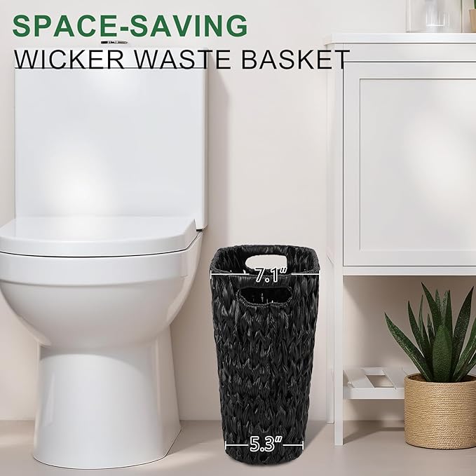 XLHOMO Black Bathroom Accessories Set with Wicker Trash Can, Black Bathroom Accessories Set Bathroom Sets Small Waste Basket Bathroom Trash Can for Bedroom Bathroom
