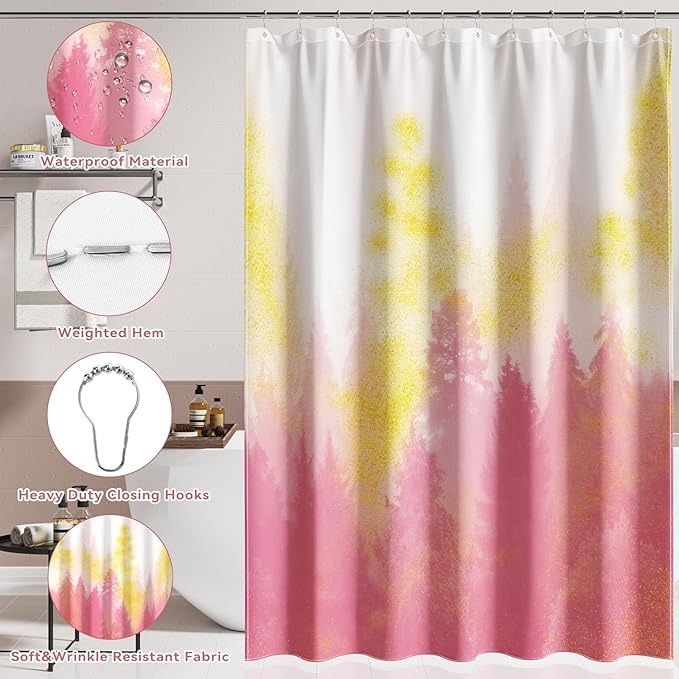 Pink and Gold Bathroom Accessories, Bathroom Sets with Shower Curtain and Rugs, Bath Rugs Accessory Set with Bathroom Trash Can, Soap Dispenser, Soap Dish for Home Decor