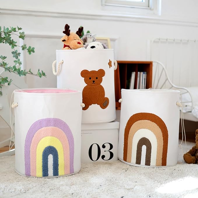 INough Large Laundry Basket Tall Baskets Storage for Dirty Clothes, Toys Storage Bins Baby Hamper 58L Clothes Hamper Blanket Basket Baby Toys Organizer for Nursery Bedroom Living Room Decor, Bear