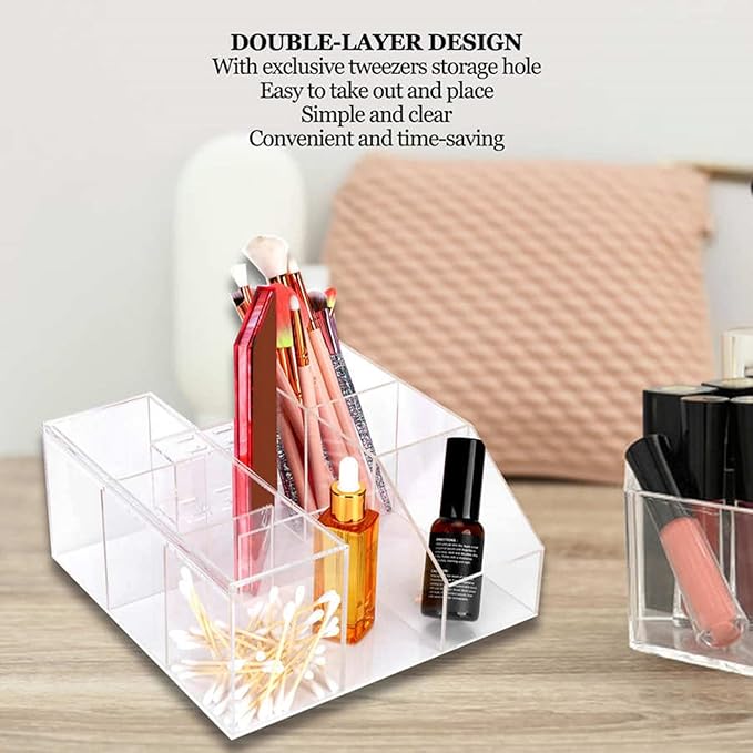 Eyelash Beauty Organizer, Acrylic Eyelash Grafting Tool Storage Beauty Tool W/Tweezers Holder Display Boxes for Home Eyelash Salon (Transparent)