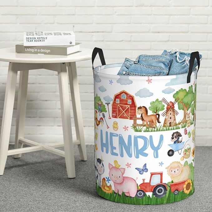 ZOE DAVISON Custom Farm Animals Laundry Baskets, Personalized Animal Pattern Gifts with Customized Name, Collapsible Laundry Hamper for Kids Adults Home Decoration,16.5 X 13.8in