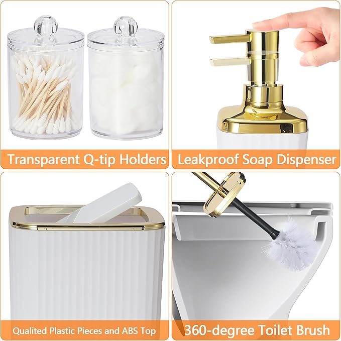 White Bathroom Set, 23 PCS White Bathroom Accessories Set with Shower Curtains, Trash Can, Toothbrush Holder, Soap Dispensers, Toothbrush Cup, Vanity Tray, Soap Dish, Toilet Brush, Qtip Holders