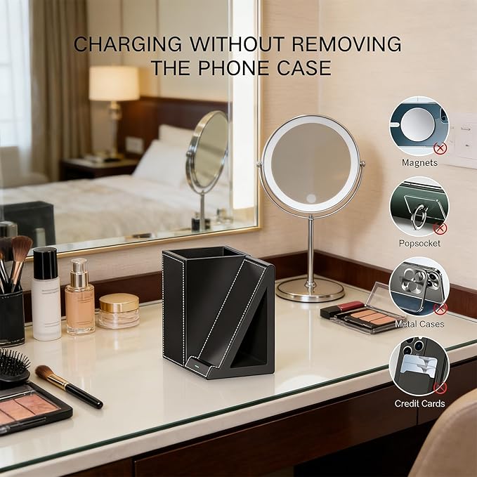 LADSTAG Makeup Brush Holder,Leather Makeup Brush Holder Organizer with phone charging stand???Makeup Organizers Countertop, Makeup organization and Skincare Storage for Vanity, Desktop, Bathroom