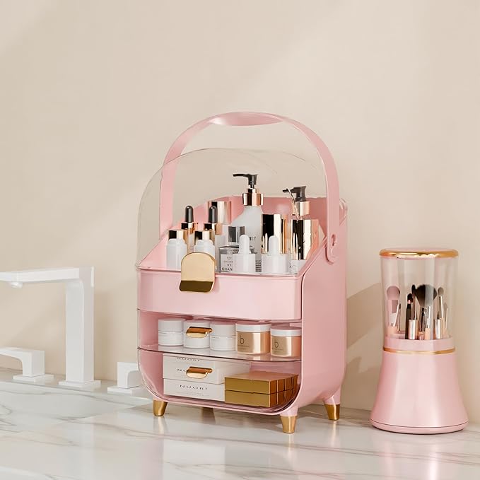 Makeup Organizer Countertop With Lid And Drawers Large Skin Care Cosmetic Display Case Holder for Vanity Desk Bathroom Storage Box,Pink With Brush Holder