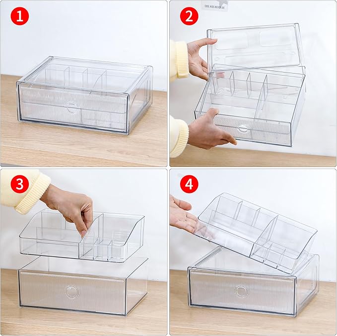 5-Tiers Makeup Organizer with Drawer for Vanity, Stackable Bathroom Storage Box for Beauty Essentials, Skincare Products, Cosmetic Brushes, Perfume Stand, Clear Lipsticks Holder