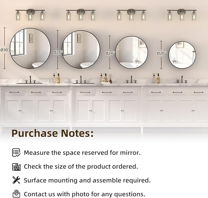 30 x 30 Inch Round Black Mirror Medicine Cabinet Surface Mounted, Circular Modern Bathroom Medicine Cabinet with Mirror, Metal Framed Medicine Cabinets with Tempered Glass Mirror
