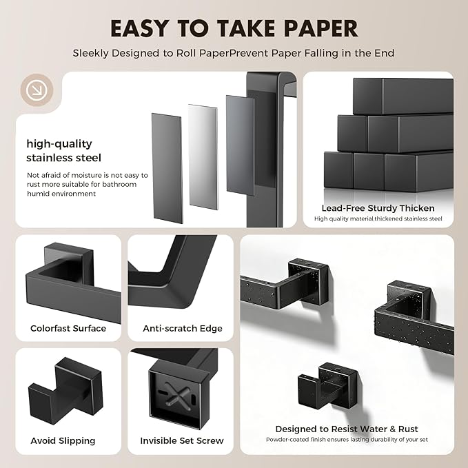 Bathroom Accessory Towel Bar Set: 5 Pieces Matte Black Square Bathroom Hardware SUS304 Stainless Steel - 24 Inch Wall Mounted Towel Rack&Toilet Paper Holder&Towel Ring and Towel Hook