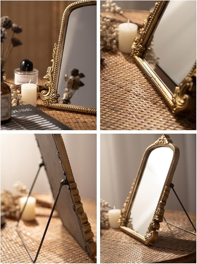 2026 Spring Women's Gifts Small Vintage Vanity Makeup Desk Mirror Antique Traditional Chic Arch Table Mirror Gold,Decor Wood Carved Mirror for Living Room,Bedroom,Tabletop 11.8" x 9.6"